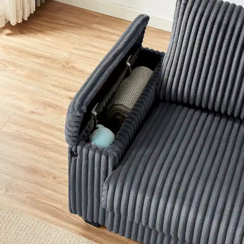 Dunkelgraues Zweisitzer-Sofa aus Stoff, 71, mit quadratischer Armlehne mit Stauraum und USB-Anschluss fürs Wohnzimmer