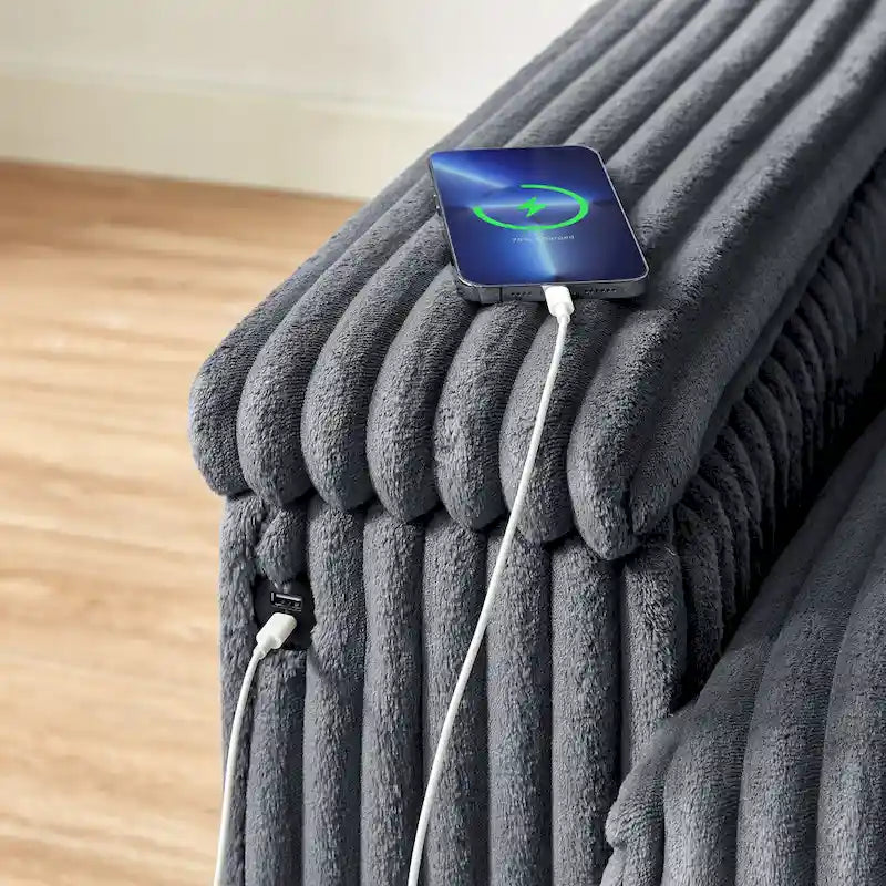 Dunkelgraues Zweisitzer-Sofa aus Stoff, 71, mit quadratischer Armlehne mit Stauraum und USB-Anschluss fürs Wohnzimmer