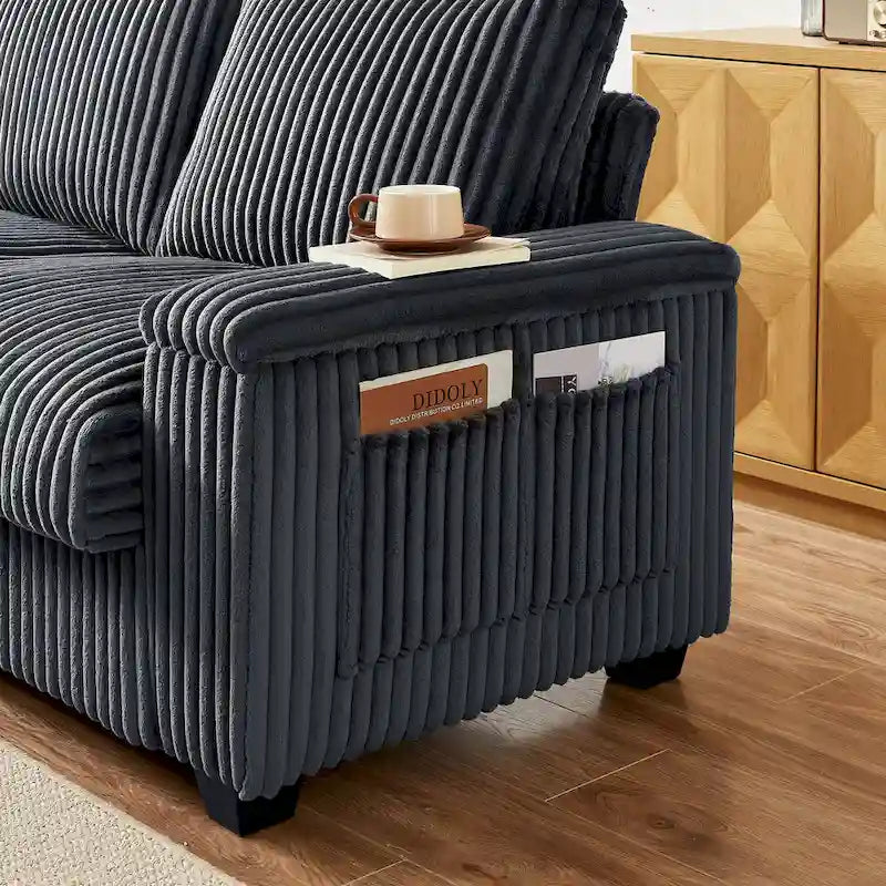 Dunkelgraues Zweisitzer-Sofa aus Stoff, 71, mit quadratischer Armlehne mit Stauraum und USB-Anschluss fürs Wohnzimmer