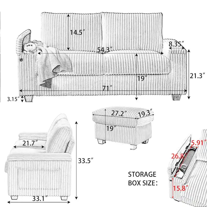 Dunkelgraues Zweisitzer-Sofa aus Stoff, 71, mit quadratischer Armlehne mit Stauraum und USB-Anschluss fürs Wohnzimmer