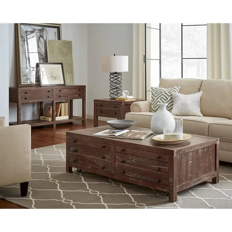 Table basse en bois massif sur roulettes