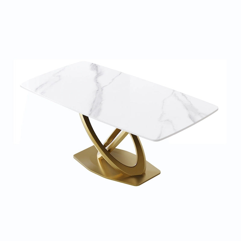 Table de salle à manger contemporaine en marbre avec piètement géométrique doré