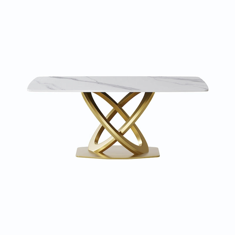 Table de salle à manger contemporaine en marbre avec piètement géométrique doré