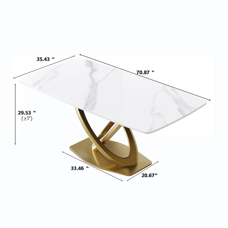 Table de salle à manger contemporaine en marbre avec piètement géométrique doré