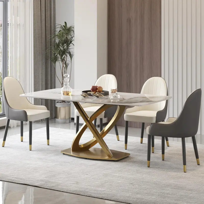 Table de salle à manger contemporaine en marbre avec piètement géométrique doré