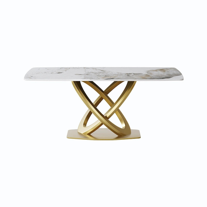 Table de salle à manger contemporaine en marbre avec piètement géométrique doré