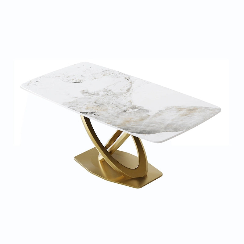 Table de salle à manger contemporaine en marbre avec piètement géométrique doré