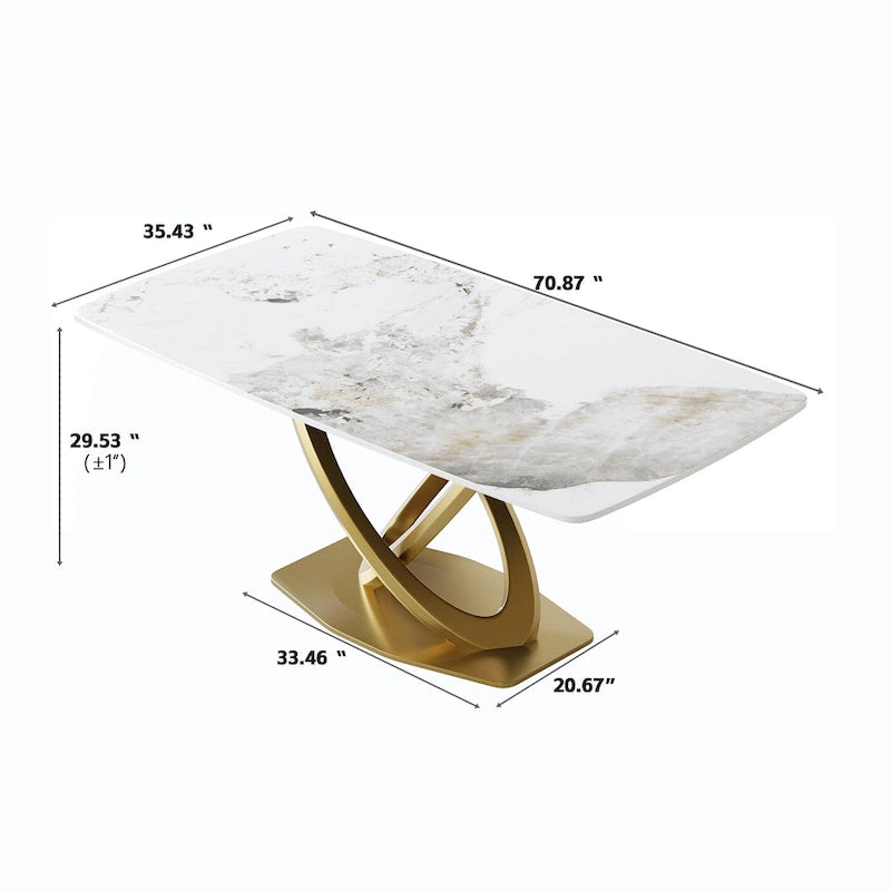 Table de salle à manger contemporaine en marbre avec piètement géométrique doré