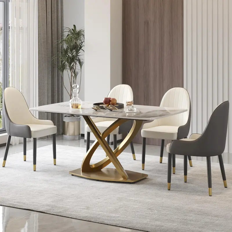 Table de salle à manger contemporaine en marbre avec piètement géométrique doré