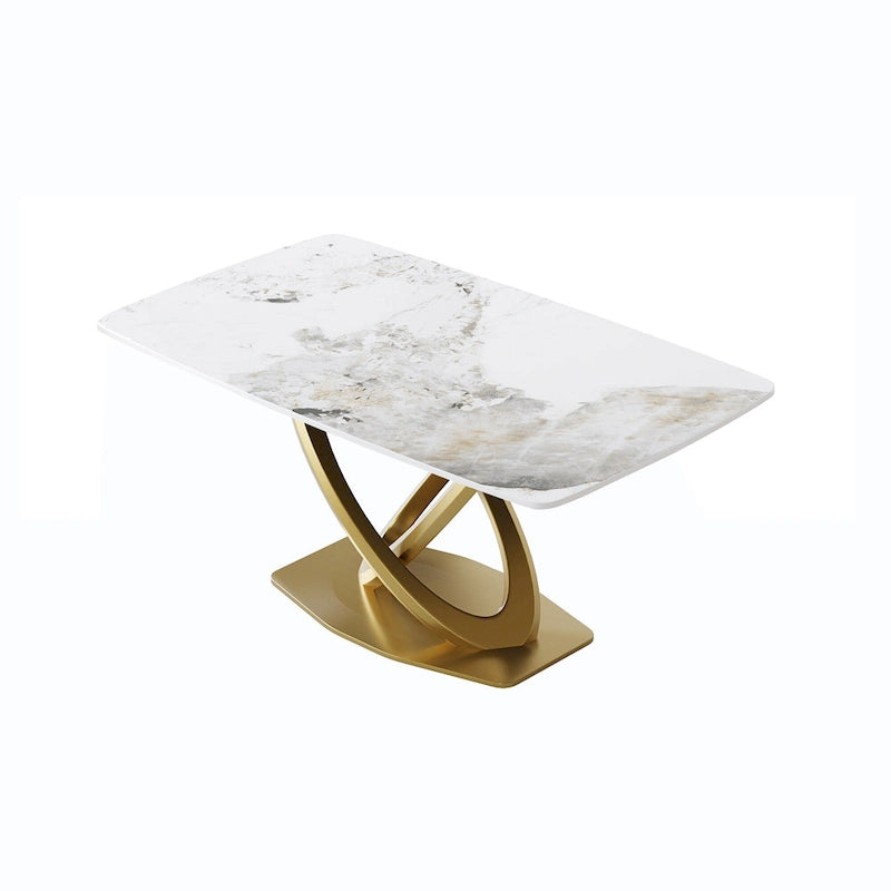 Table de salle à manger contemporaine en marbre avec piètement géométrique doré