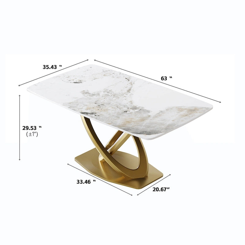 Table de salle à manger contemporaine en marbre avec piètement géométrique doré
