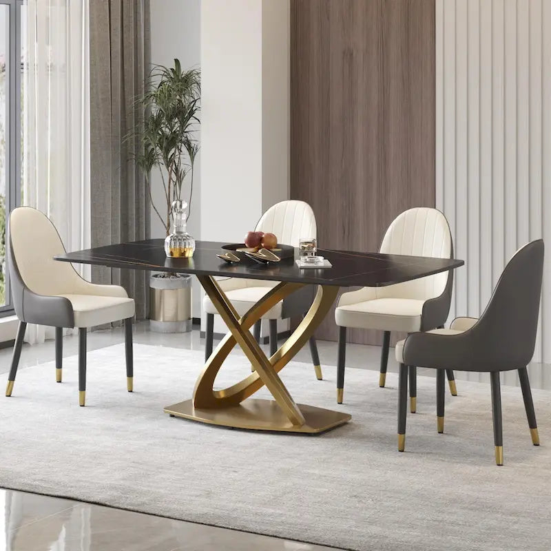 Table de salle à manger contemporaine en marbre avec piètement géométrique doré