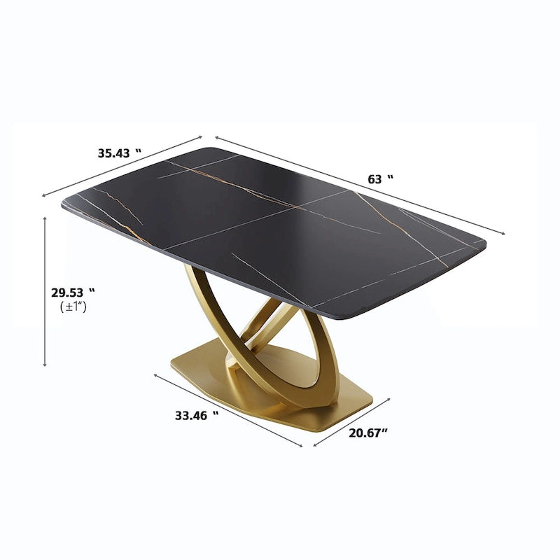 Table de salle à manger contemporaine en marbre avec piètement géométrique doré