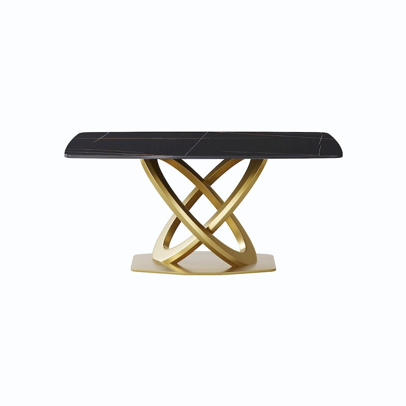 Table de salle à manger contemporaine en marbre avec piètement géométrique doré