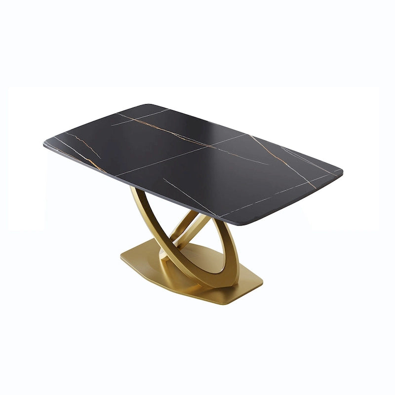 Table de salle à manger contemporaine en marbre avec piètement géométrique doré