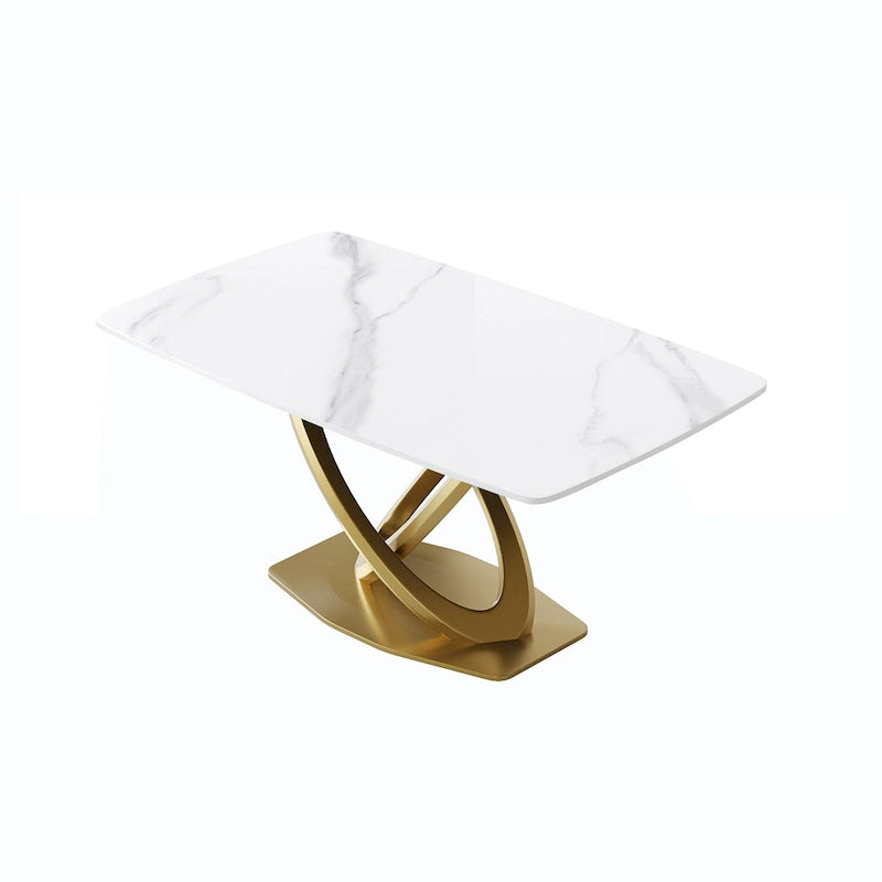 Table de salle à manger contemporaine en marbre avec piètement géométrique doré