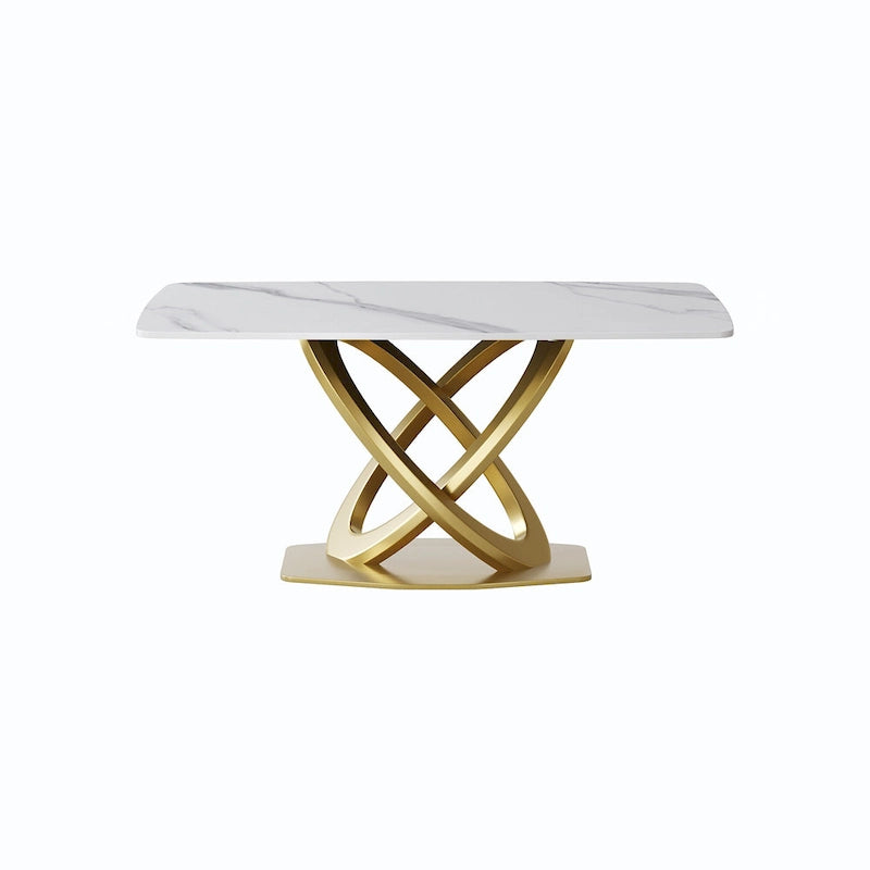 Table de salle à manger contemporaine en marbre avec piètement géométrique doré