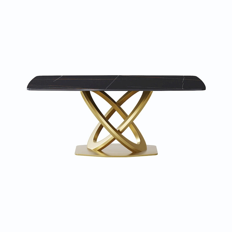 Table de salle à manger contemporaine en marbre avec piètement géométrique doré