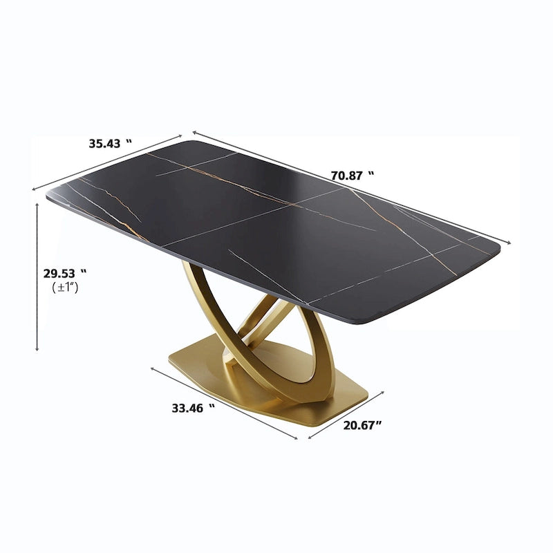Table de salle à manger contemporaine en marbre avec piètement géométrique doré