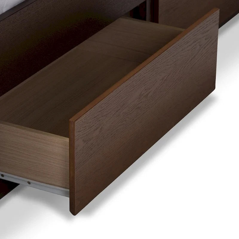 Modernes Polsterbett mit Stauraum aus grauem Stoff und Walnussholz