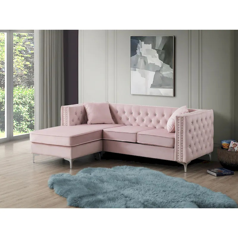 Samtsofa mit Knopfheftung und Chaiselongue