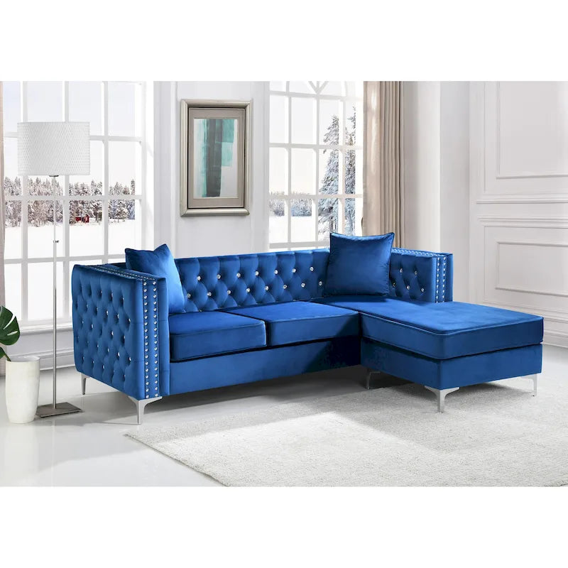 Samtsofa mit Knopfheftung und Chaiselongue