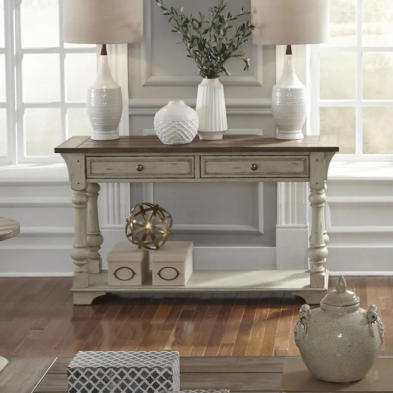 Morgan Creek Antique White Wire Brushed Tobacco Accents Sofa Table