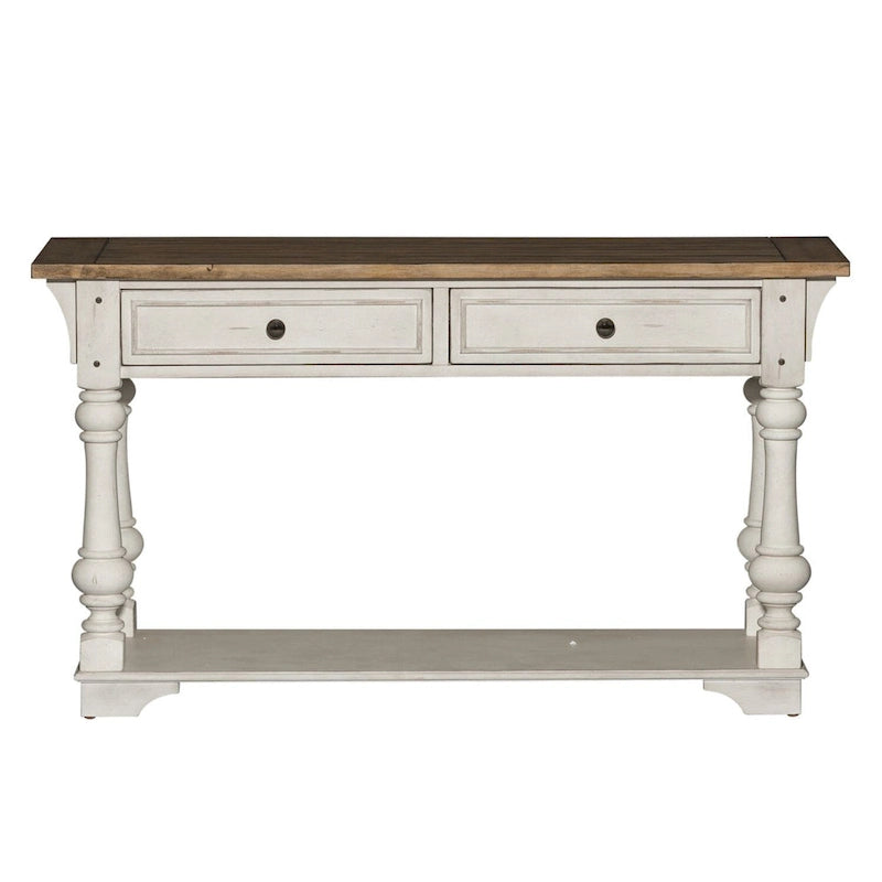 Mesa auxiliar de sofá en blanco antiguo, con detalles de madera cepillada en tono tabaco
