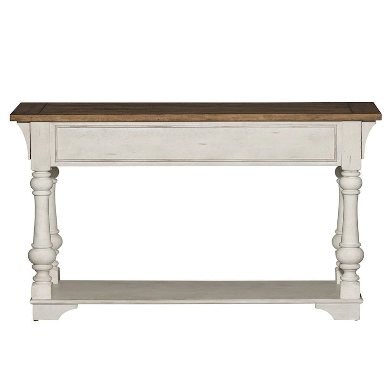 Mesa auxiliar de sofá en blanco antiguo, con detalles de madera cepillada en tono tabaco