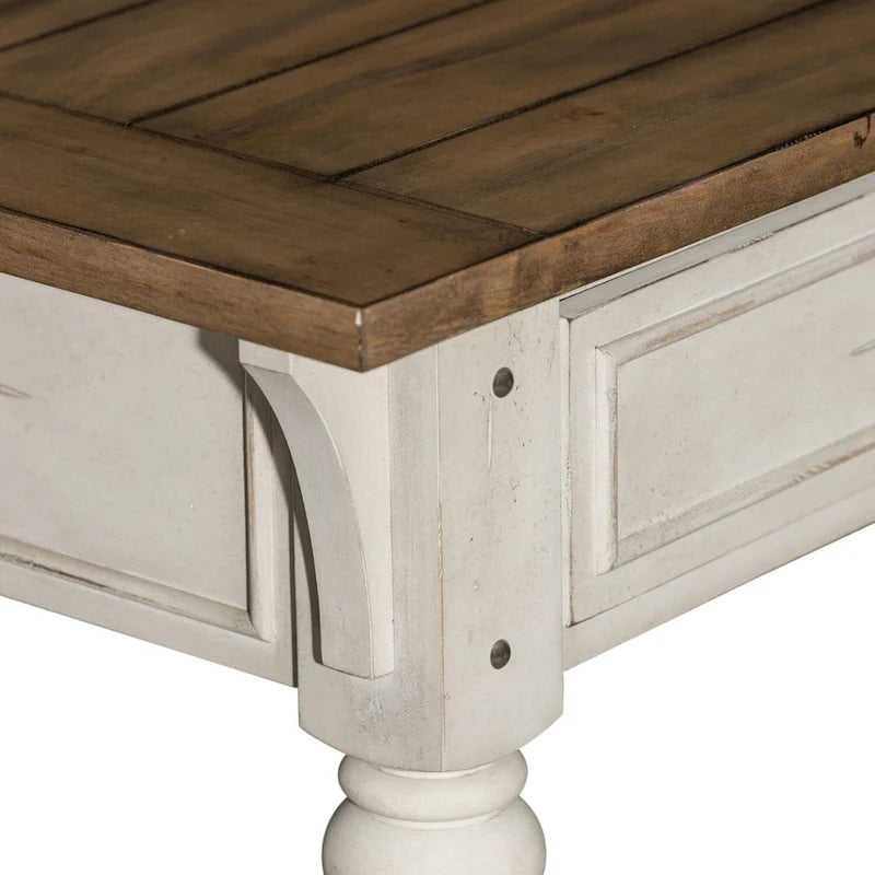 Mesa auxiliar de sofá en blanco antiguo, con detalles de madera cepillada en tono tabaco