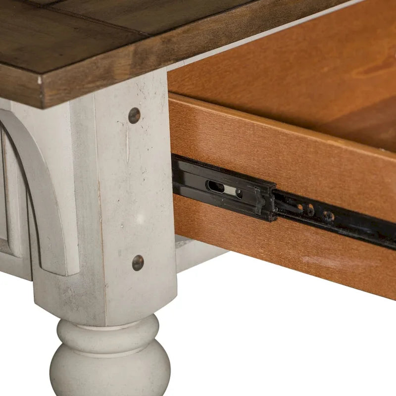 Mesa auxiliar de sofá en blanco antiguo, con detalles de madera cepillada en tono tabaco