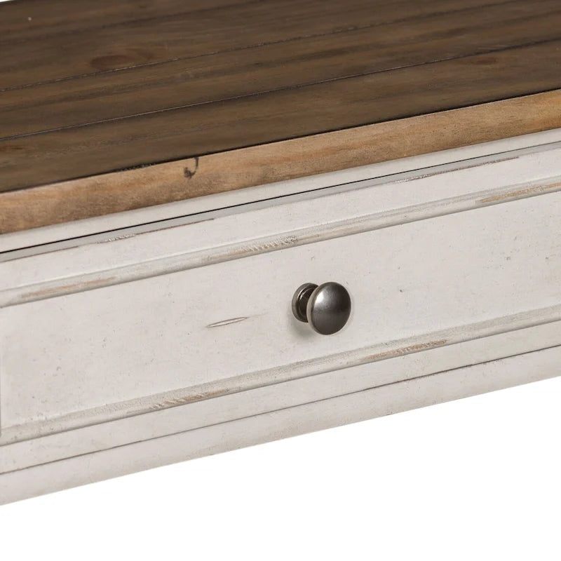 Mesa auxiliar de sofá en blanco antiguo, con detalles de madera cepillada en tono tabaco