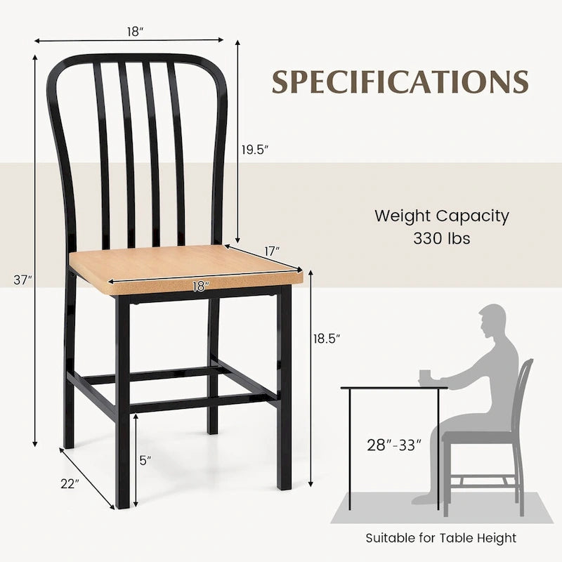 Esszimmerstuhl ohne Armlehnen mit Sprossenlehne, 2er-Set, ergonomischer Sitz, Schwarz - 22 x 18 x 37