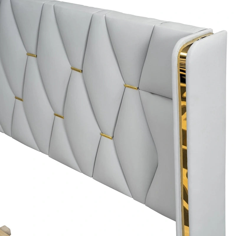 Lit plateforme pleine grandeur rembourré de similicuir PU avec bandes métalliques