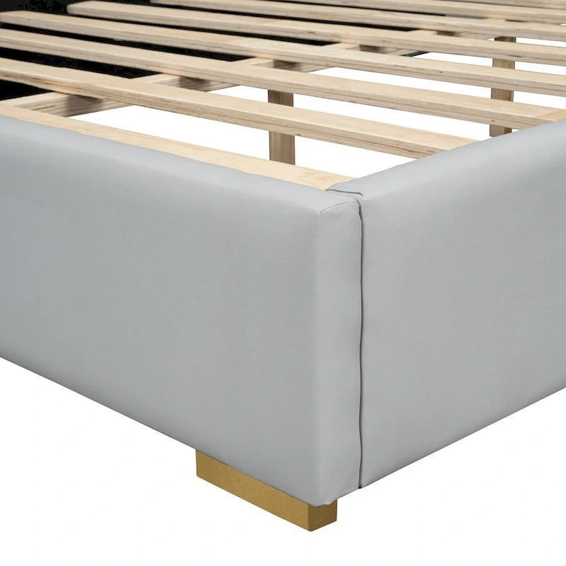 Lit plateforme pleine grandeur rembourré de similicuir PU avec bandes métalliques