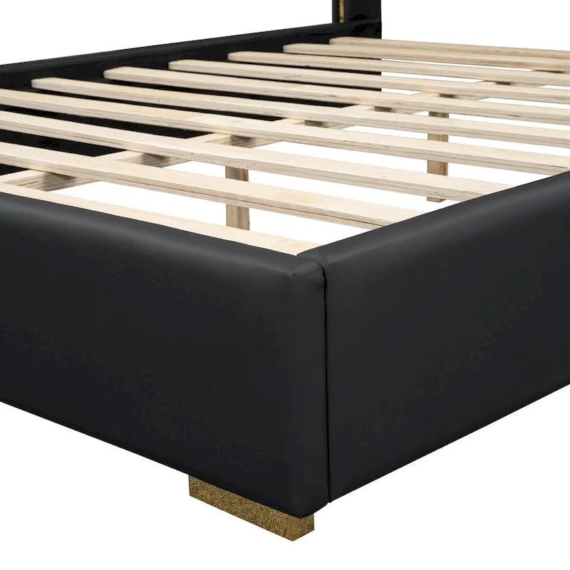 Lit plateforme pleine grandeur rembourré de similicuir PU avec bandes métalliques