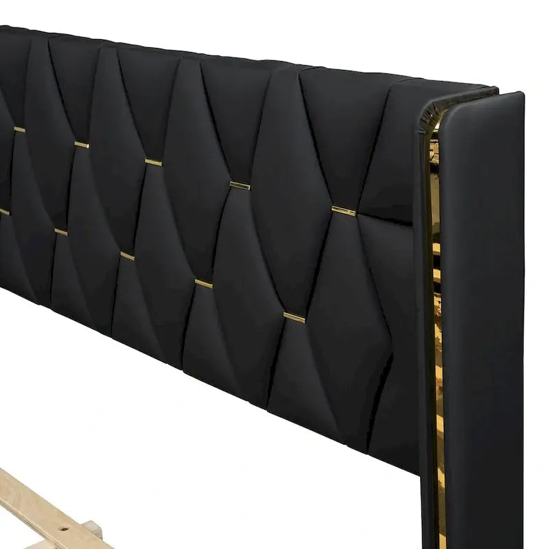 Lit plateforme pleine grandeur rembourré de similicuir PU avec bandes métalliques