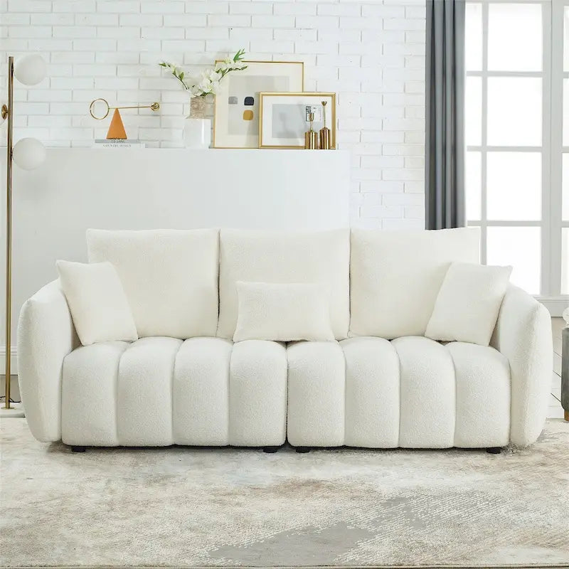 Sofa mit Teddy-Stoffbezug, 3 Kissen und Massivholzrahmen