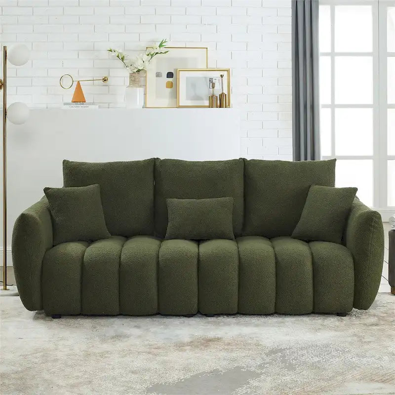 Sofa mit Teddy-Stoffbezug, 3 Kissen und Massivholzrahmen