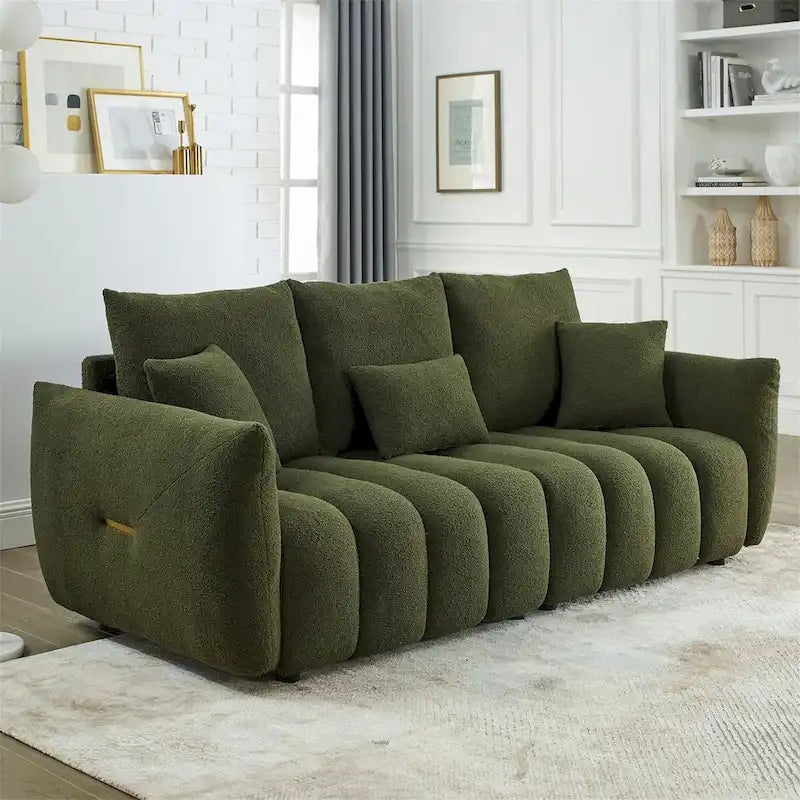 Sofa mit Teddy-Stoffbezug, 3 Kissen und Massivholzrahmen