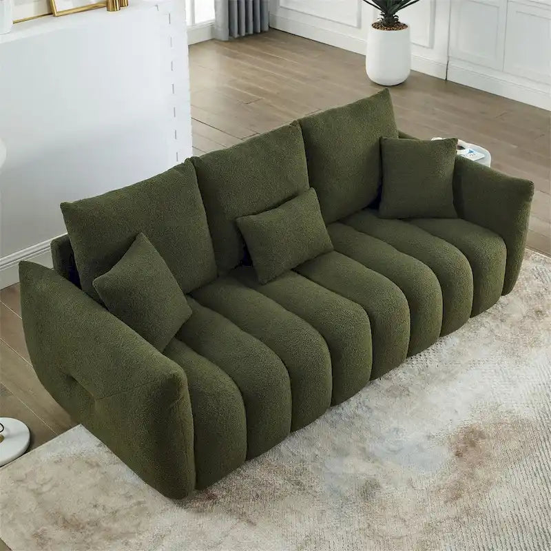 Sofa mit Teddy-Stoffbezug, 3 Kissen und Massivholzrahmen