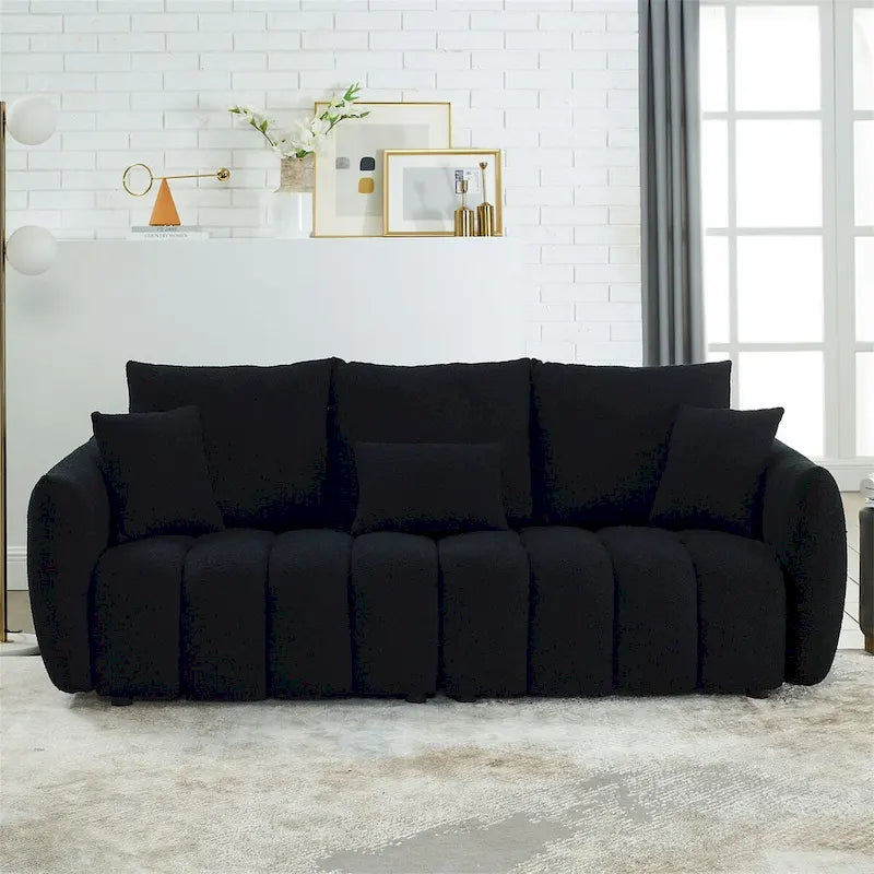 Sofa mit Teddy-Stoffbezug, 3 Kissen und Massivholzrahmen