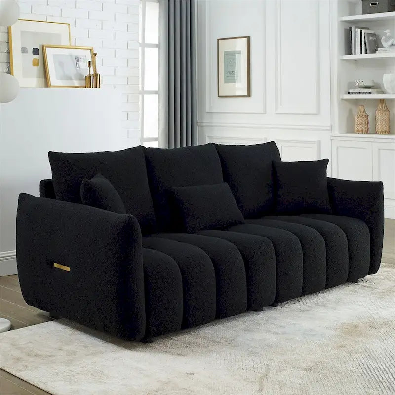 Sofa mit Teddy-Stoffbezug, 3 Kissen und Massivholzrahmen