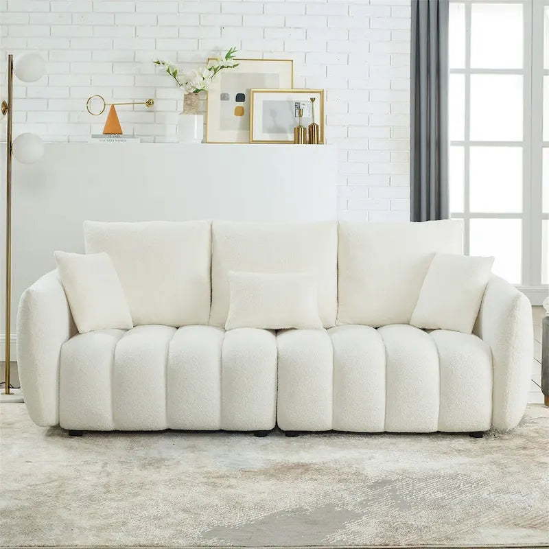 Sofa mit Teddy-Stoffbezug, 3 Kissen und Massivholzrahmen