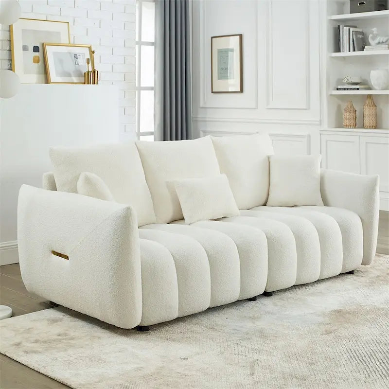 Sofa mit Teddy-Stoffbezug, 3 Kissen und Massivholzrahmen