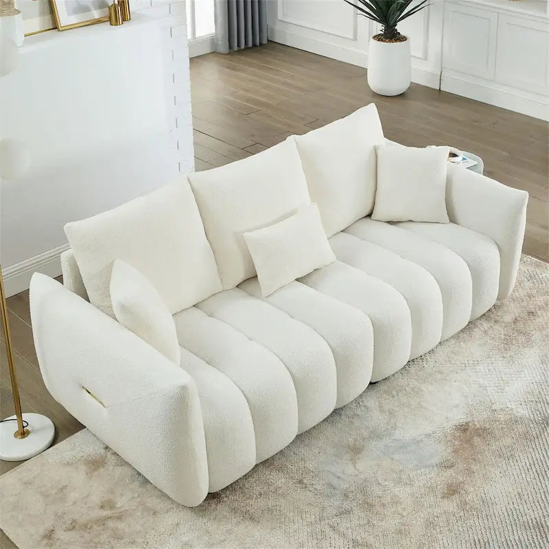 Sofa mit Teddy-Stoffbezug, 3 Kissen und Massivholzrahmen