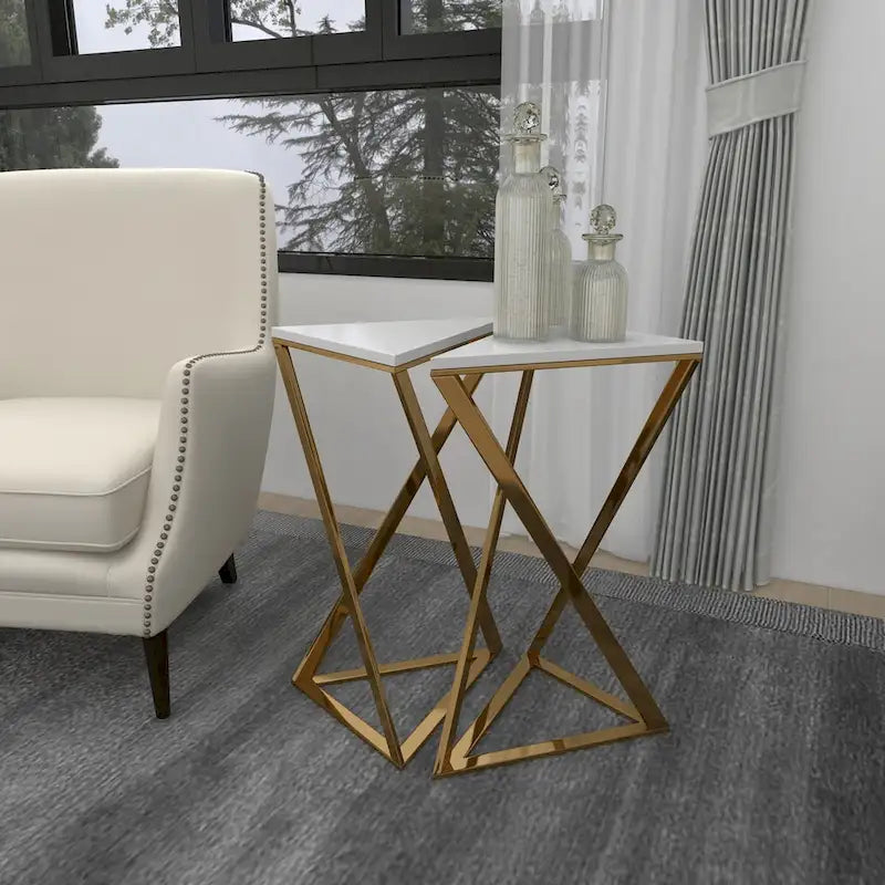 Beistelltische aus Metall mit Marmorplatte - 2er-Set, goldfarben